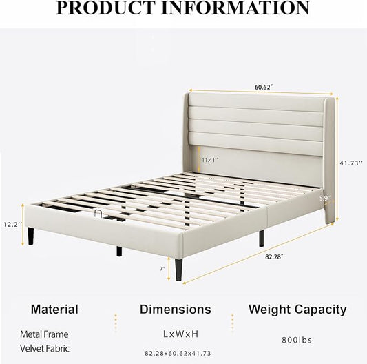 Queen Bed Frame with Upholstered Headboard, Velvet Platform Bedframe Mattress Foundation, Strong Wood Slat Support, No Box Spring Needed, Easy Assembly, Pale Beige