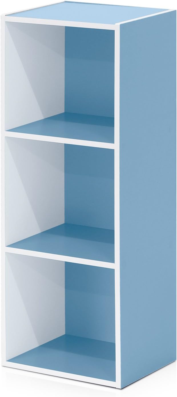 Furinno LUDER Book Shelf, 3-Cube Bookshelf, Bookcase with Open Shelves, 9.3 x 12 x 31.5, for Living Room, Bedroom, Home Office, White/Light Blue
