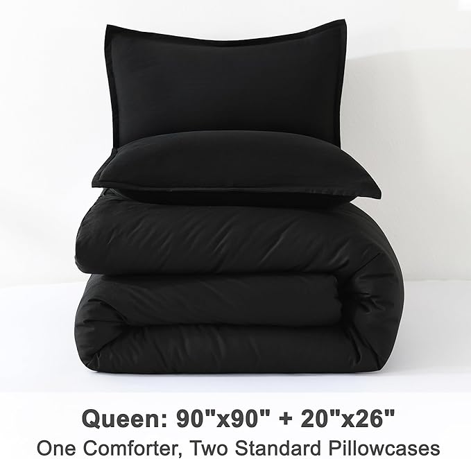 Litanika Comforter Set, Lightweight Solid Bedding Comforter Set, Fluffy Down Alternative Bed Set, Black, Queen
