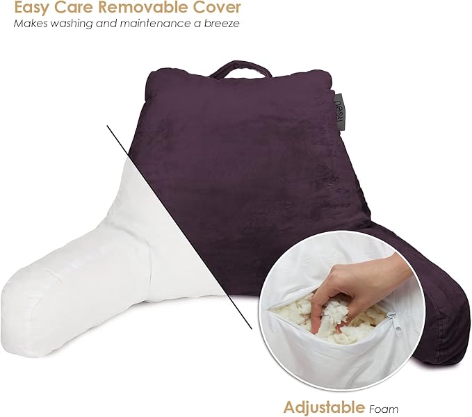 Nestl Reading Pillow with Shredded Memory Foam, Designed for Sitting Up in Bed and Couch, Back and Arms Adjustable Support for Adult & Teens Backrest Pillows for Reading, with Washable Cover Purple