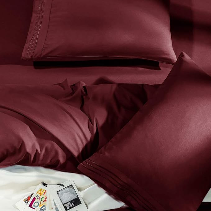 SONORO KATE Bed Sheet Set Super Soft Microfiber 1800 Thread Count Luxury Egyptian Sheets Fit 18-24 Inch Deep Pocket Mattress Wrinkle-6 Piece (Burgundy, Queen)