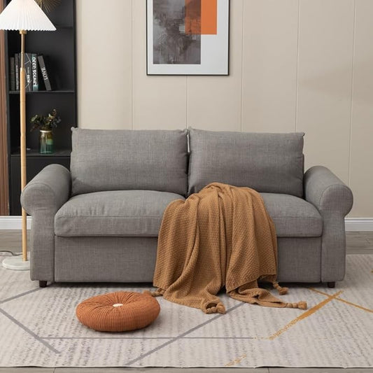 Panana Modern 2 and 3 Seats Loveseat Sofa Couch with Storage, Small Love Seat Couches for Living Room, Bedroom, Apartment, Office (Light Gray Linen Fabric, Scroll Arm - 3 Seater)