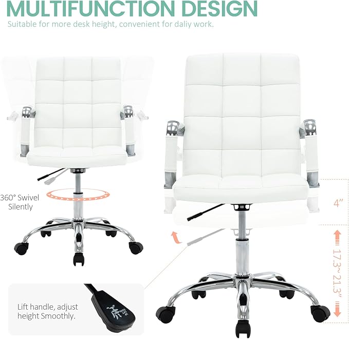High Back Desk Chair, Modern PU Leather Home Office Task Chair with Arms, Adjustable Swivel Computer Executive Chair with Wheels (Pearl White)