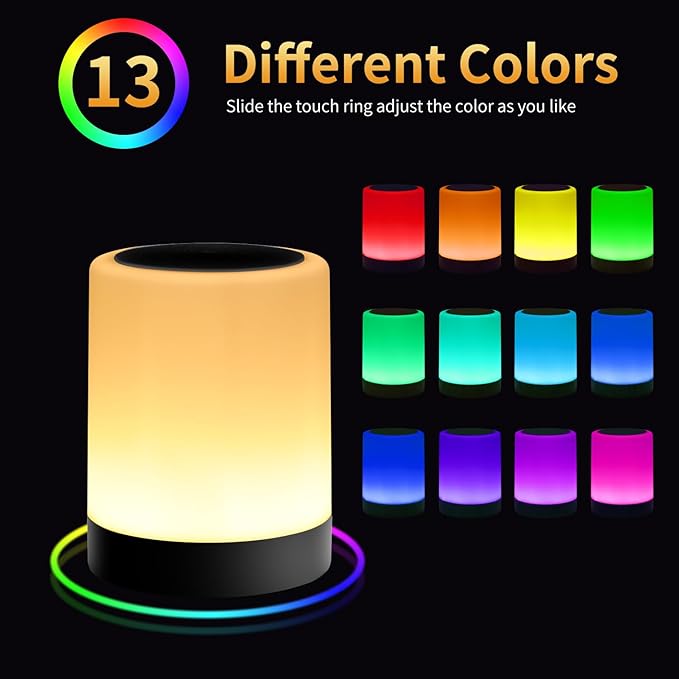OORUN Touch Bedside Table Lamp,13 RGB Colors & 5 Brightness, USB Rechargeable Desk Lamp, Remote Control Dimmable Night Light with RGB Color Changing,Portable Lamp for Baby (2 Pack Black)