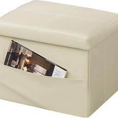 AmasSmile Storage Ottoman Folding Foot Rest Stool with Side Pocket, 16 inch Leather Footstool Bench, Short Ottoman Bench, Storage Foot Rest Store, Books (Beige-2)