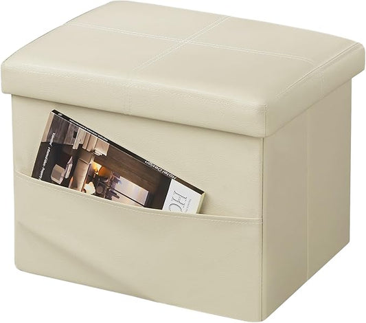 AmasSmile Storage Ottoman Folding Foot Rest Stool with Side Pocket, 16 inch Leather Footstool Bench, Short Ottoman Bench, Storage Foot Rest Store, Books (Beige-2)
