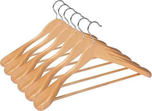 Solid Wood Suit Hangers, 6 Pack, Coat Hangers with Non Slip Trouser Bar, 360° Swivel Hook, Heavy Duty Wide Hangers for Suit, Coat, Jacket, Trousers, Pants,17.3" W x 9" H, Natura AWY0406N