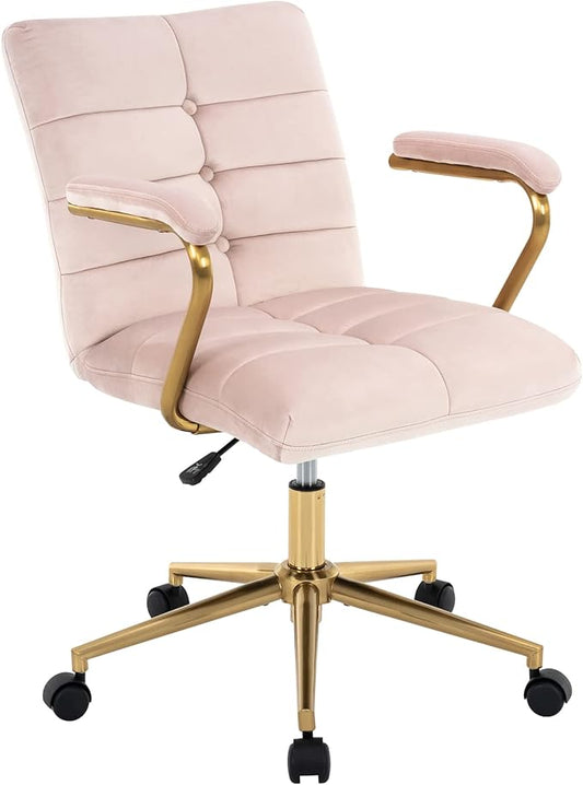 Velvet Home Office Desk Chair, Upholstered Adjustable Swivel Task Chair with Wheels, Tufted Mid-Back Computer Chair with Arms, for Study Living Room Vanity (Pink, Gold Base)