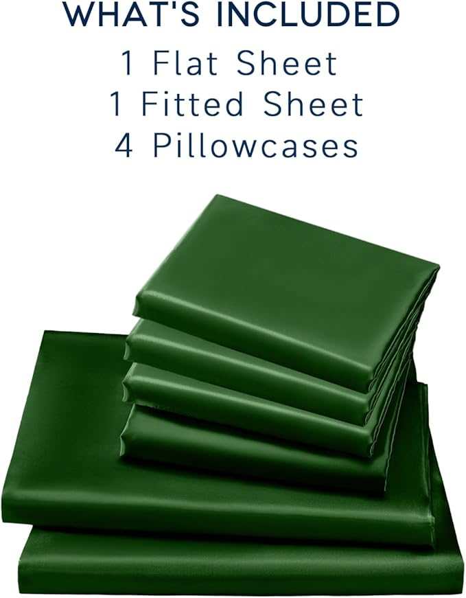 Satin Sheets Full Size - 6 Pieces Luxury Silky Soft Bed Sheets, Wrinkle-Free Dark Green Satin Silk Sheet Set with 1 Deep Pocket Fitted Sheet, 1 Flat Sheet, 4 Pillow Cases