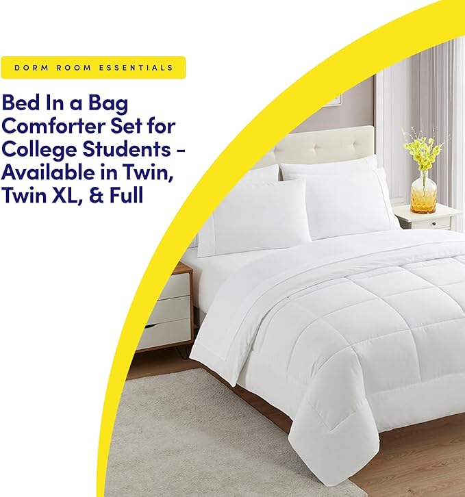 Dorm Room Essentials College Bedding Comforter Set 5 Piece Twin Size Bed in a Bag for College Students Boys and Girls, Twin, White