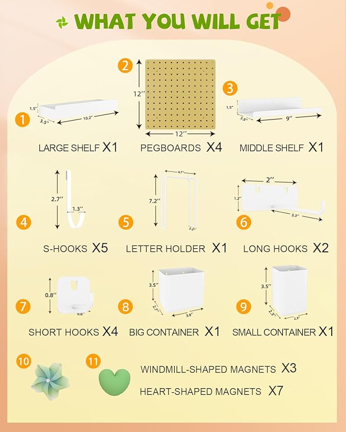 Metal Pegboard Combination Kit — 4 Carbon Steel Pegboards with 26 Accessories, Pegboard Wall Organizer for Home, Office, Study Room, Kitchen, Garage & Craft Room — 24″ × 24″ Yellow Peg Board