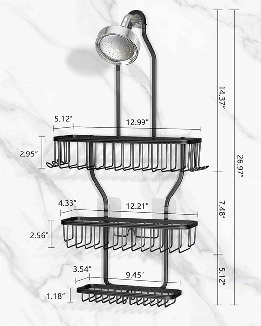 Shower Caddy Hanging - Never Rust Shower Hanging Organizer - Aluminum Over the ShowerHead Caddy with Soap Basket and 6 Hooks for Razor/Sponge (Black)