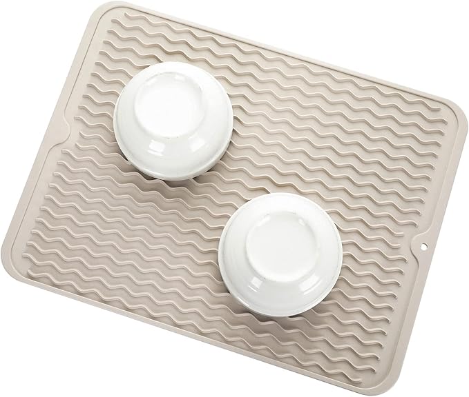 Silicone Dish Drying Mat for Multiple Usage,Easy clean,Eco-friendly,Heat-resistant Silicone Mat for Kitchen Counter or Sink,Refrigerator or drawer liner Tapioca L 16 inches x 12 inches