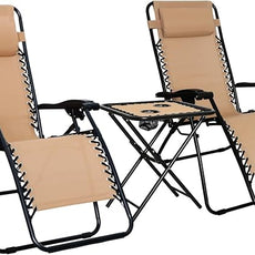 Amazon Basics Outdoor Patio Mesh Adjustable Zero Gravity Lounge Chair Recliners set of 2 with Side Table, 35 x 26 x 43 inches, Beige