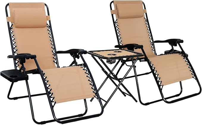 Amazon Basics Outdoor Patio Mesh Adjustable Zero Gravity Lounge Chair Recliners set of 2 with Side Table, 35 x 26 x 43 inches, Beige