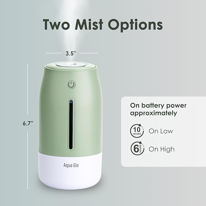 Aqua Glo Personal, Portable Humidifiers for Bedroom – Ultrasonic Cool Mist Humidifier with Built In Rechargeable Battery. Air Humidifier for Baby, Plants, Home, Office, Travel. Mint Green