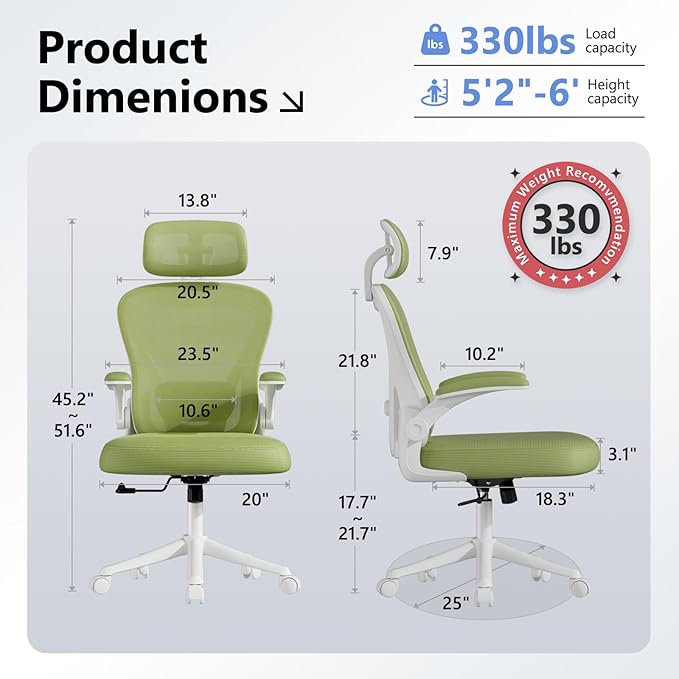 Ergonomic Office Chair M903, Computer Desk Chair with Wheels, High Back Mesh Office Chair with Adjustable Lumbar Support, Headrest, Flip-Up Armrests, Green