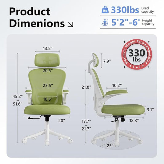 Ergonomic Office Chair M903, Computer Desk Chair with Wheels, High Back Mesh Office Chair with Adjustable Lumbar Support, Headrest, Flip-Up Armrests, Green