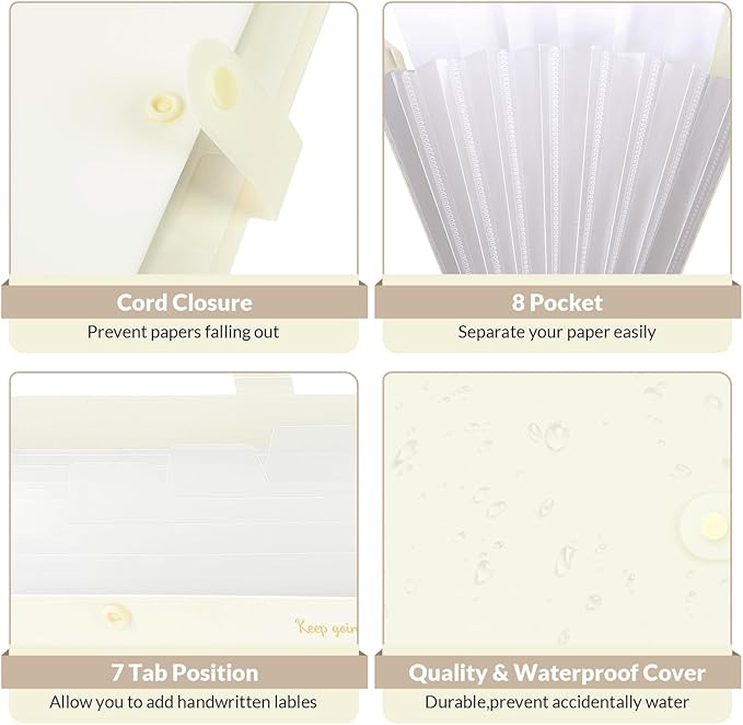 SKYDUE Accordion File Organizer, Expanding File Folder with 8 Pockets, Portable Document Paper Receipt Organizer, Letter/A4 Size Filing Folder School Office Supplies Cream