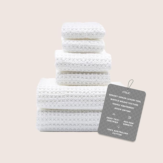 Italic Sedona Waffle Towel Set, 6-Piece 410 GSM 100% Cotton Set Includes 2 Bath Towels, 2 Hand Towels & 2 Washcloths, Quick-Drying, White