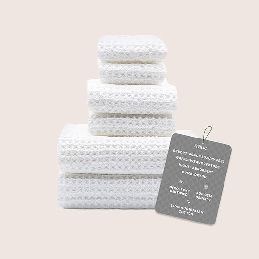 Italic Sedona Waffle Towel Set, 6-Piece 410 GSM 100% Cotton Set Includes 2 Bath Towels, 2 Hand Towels & 2 Washcloths, Quick-Drying, White