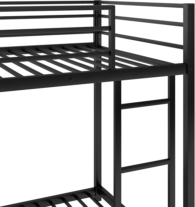 Twin Over Twin Bunk Bed, Low Bunk Bed with Ladder, Metal Bunk Bed with Guardrails, Heavy Duty Metal Bunk Bed Frame for Kids, Boys, Girls, Teens, Noisy Free, No Box Spring Needed， Black