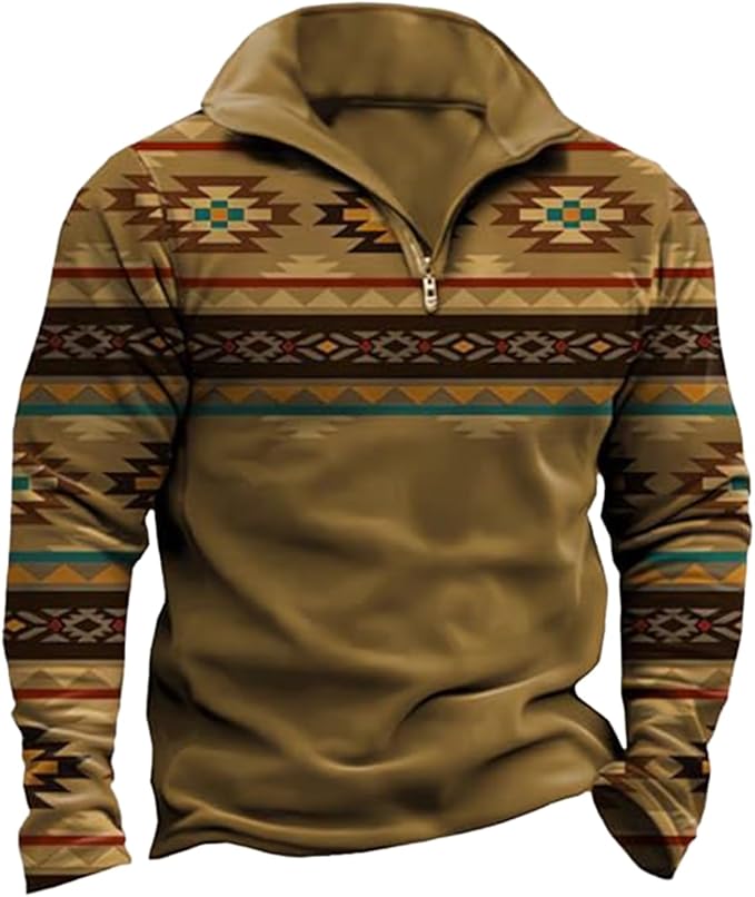 Western Sweatshirts for Men Aztec Cowboy Vintage Graphic Fleece Hoodie Mens Quarter Zip Pullover Country Jacket