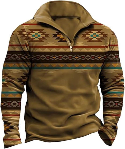 Western Sweatshirts for Men Aztec Cowboy Vintage Graphic Fleece Hoodie Mens Quarter Zip Pullover Country Jacket