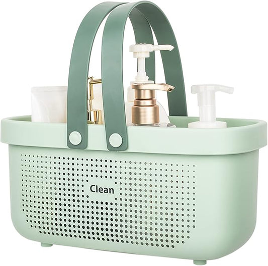 JiatuA Plastic Storage Basket with Handle Portable Shower Caddy Tote Organizer Basket Bin for Bathroom Kitchen Dorm Room Bedroom, Green