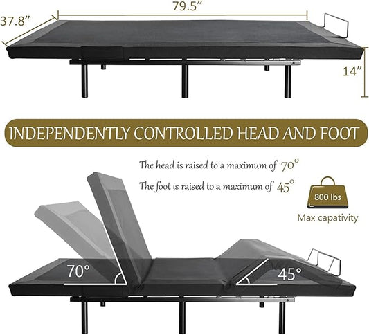 SHA CERLIN 14 Inch Twin XL Size Metal Adjustable Bed Base/Upholstered Bed Frame with Head and Foot Articulation Incline, Wireless Remote, Wood Board Support (Only Base)