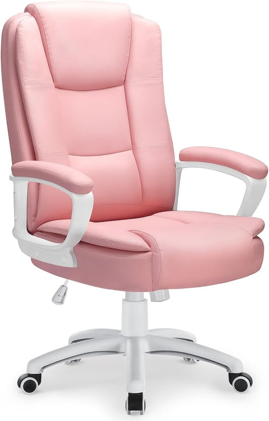LEMBERI Office Desk Chair, High Back Executive Computer Chair, Ergonomic Big and Tall Adjustable PU Leather Chairs with Padded Armrest for Long Time Sitting, Pink