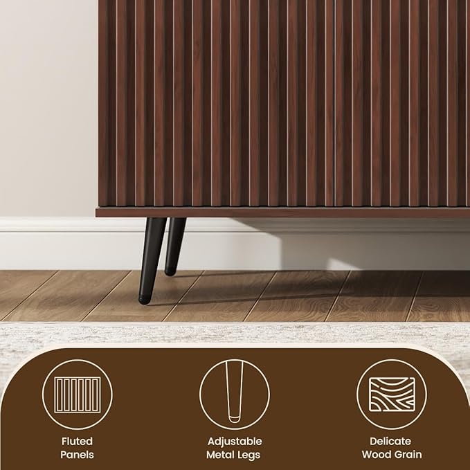 COCO DESIGN 61" Buffet Sideboard with Fluted Panel Doors, Power Outlet & Adjustable Shelves, Storage Cabinet with Adjustable Metal Legs, Modern Farmhouse Console for Dining Room Kitchen, Walnut
