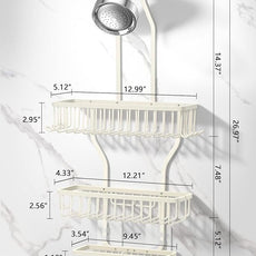 Shower Caddy Hanging - Never Rust Shower Hanging Organizer - Aluminum Over the ShowerHead Caddy with Soap Basket and 6 Hooks for Razor/Sponge (Milky White)