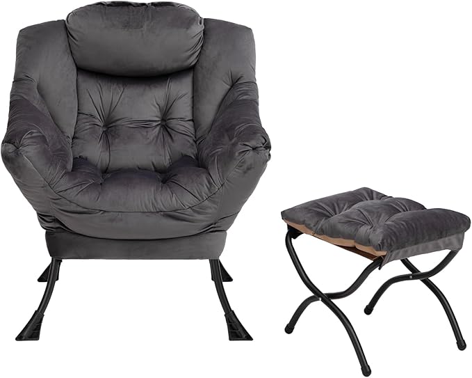 HollyHOME Lazy Chair with Foldable Ottoman, Accent Comfy Lounge Armchair and Folding Footrest Stool, Leisure Sofa Reading Chair and Footstool for Living Room, Bedroom, Dorm,Velvet Smoky Grey