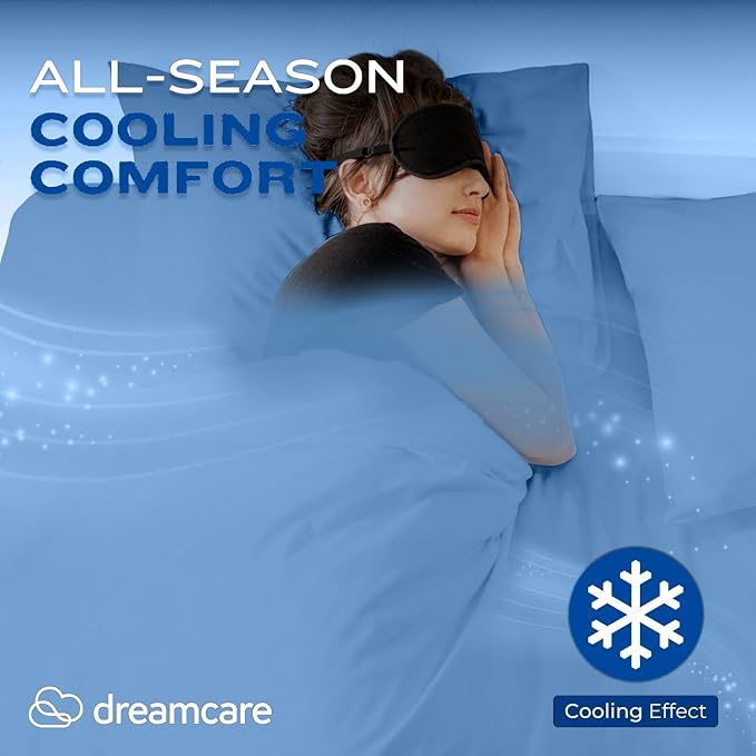 DREAMCARE Queen Size Sheets - Cooling Bed Sheets - 4pcs Set - up to 15" Deep Pocket Queen Sheet Set - Sheets Queen Size Bed - Soft & Long Lasting 100% Fine Brushed Polyester with Side Pocket - Lblue DREAMCARE