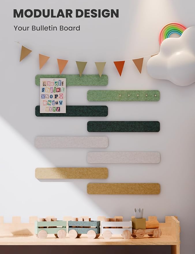 Cork Board Alternative Felt Strip Board 8-Pack 13"x2", Office Pin Board with 50 Push Pins, Adhesive Install for Bedroom Door & Home Office(Forest Meadow)