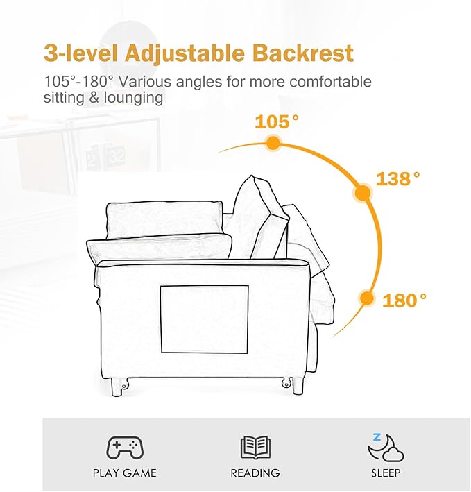 Futon Sofa Bed, 3 in 1 Sleeper Sofa Couch Bed with Armrests, Storage Pockets and 2 Pillows, Adjustable Backrest, Sofa Bed Couch for Living Room, Bedroom, Office,Reading Room(Grey)