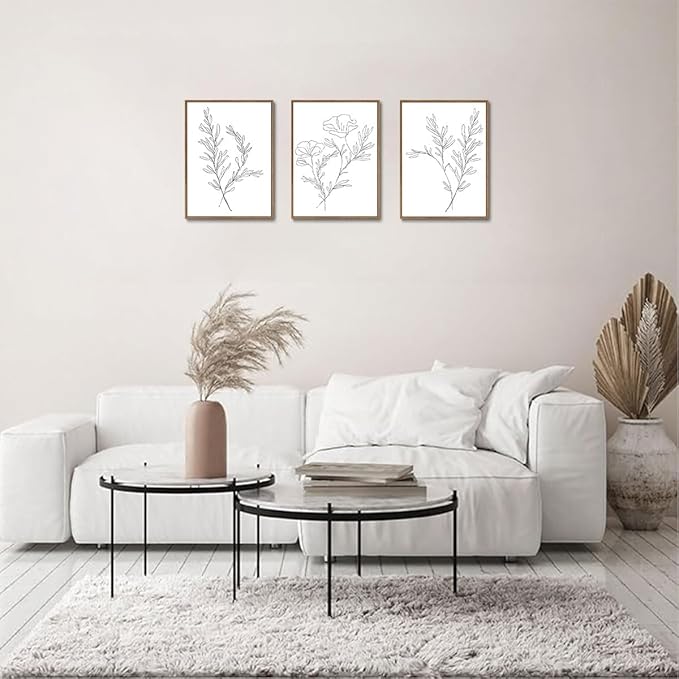 KISSFOX 3 Piece Framed Wall Art Botanical Wall Decor Floral Pictures Wildflower Canvas Art Black White Line Paintings Minimalist Boho Artwork For Bedroom Living Room Bathroom