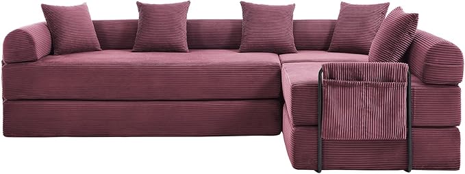 106" Oversized Convertible Sleeper Sofa Bed, Corduroy L Shape Sectional Couch, Folding Sofa Bed with Side Pocket, Modern Cloud Floor Mattress Couch, Modular Sofa for Living Room, Wine Red