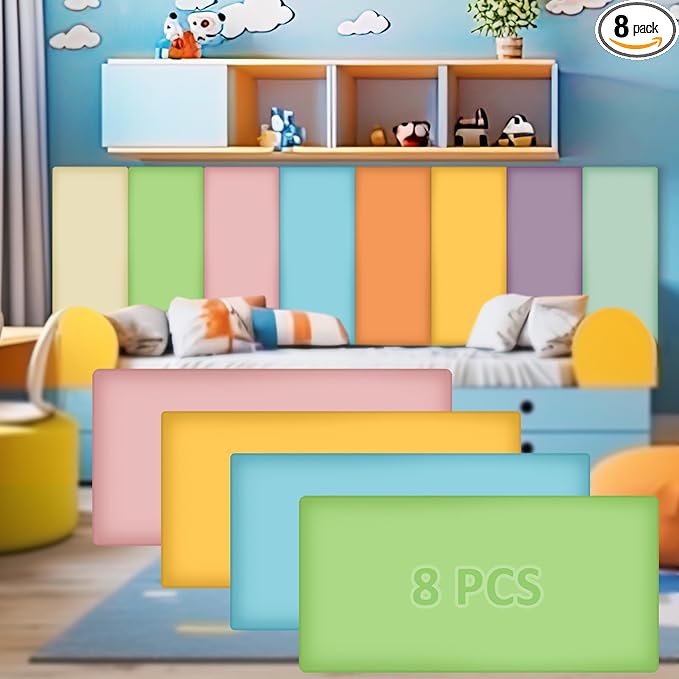 8 Pack Wall Padding for Playroom Peel and Stick Headboard 23.62" x 11.81" x 1.18" 3D Anti Collision Upholstered Wall Panels Self Adhesive Headboard Panel for Protection (Fresh Colors)