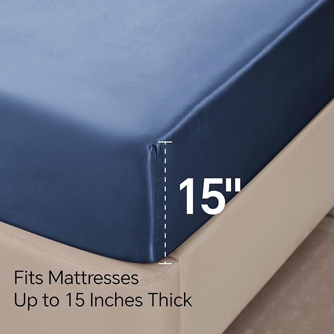 BEDELITE Satin Sheets Twin XL Size Bed Set, Luxury Soft Navy Silky Sheets for Hair and Skin, Similar to Silk Bed Sheets Set 3 Pieces （1 Deep Pocket Fitted Sheet, 1 Flat Sheet, and 1 Pillowcase）