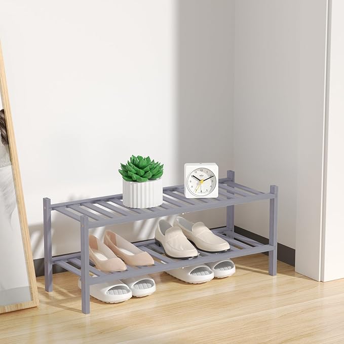 RONGJlA 2 Tier Bamboo Shoe Rack for Closet Free Standing Wood Shoe Shelf Storage Organizer for Entryway Small Space Stackable, Grey