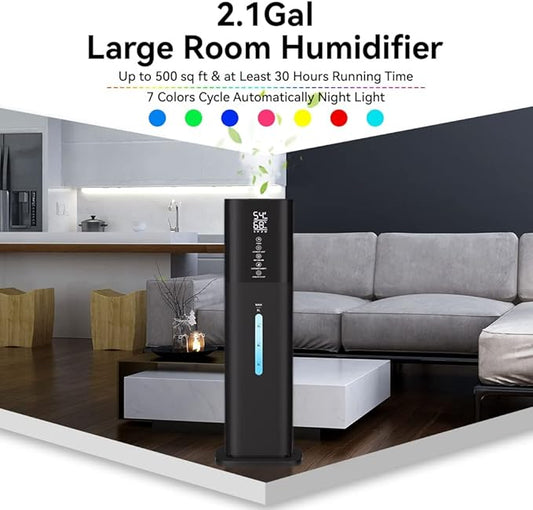 Humidifiers Large Room Bedroom with 7 Colors Light, 2.1Gal(8L) 3 Speed Quiet Ultrasonic Cool Mist Humidifier with 360° Nozzle, Humidity Setting, Timer,Aroma Box for Home Plant Baby Yoga Sleep (Black)