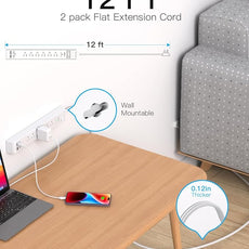 2 Pack Power Strip, 12FT Long Extension Cord, Surge Protector with 6 Outlets and 4 USB Charging Ports(2 USB C), Flat Plug Overload Protection, Wall Mount for Home Office Dorm College