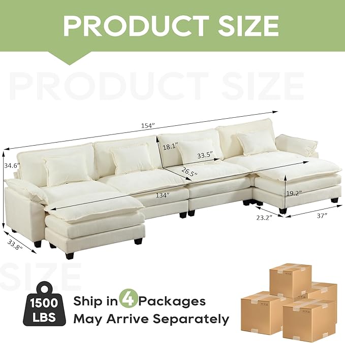 154" Modular Sectional Sofa, Comfy Cloud Couch Sectional Sofa with Ottoman, Chenille Sofa Sleeper Deep Seat Sofa with Throw Pillows for Living Room (Beige White, 154"- U Shape)