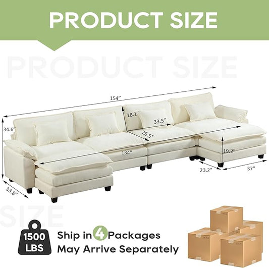 154" Modular Sectional Sofa, Comfy Cloud Couch Sectional Sofa with Ottoman, Chenille Sofa Sleeper Deep Seat Sofa with Throw Pillows for Living Room (Beige White, 154"- U Shape)