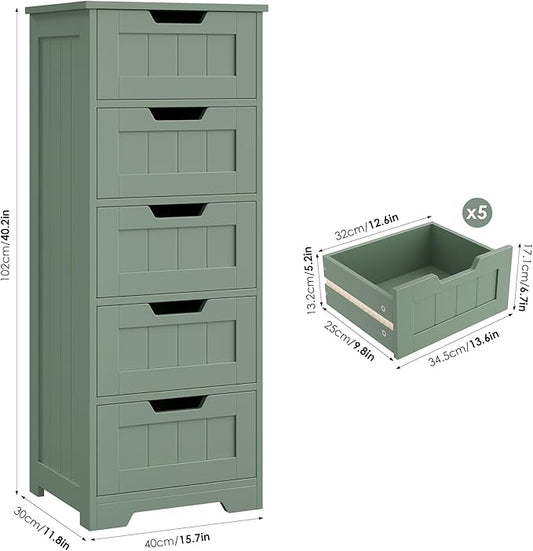 FOTOSOK Bathroom Cabinet, Bathroom Storage Cabinet with 5 Drawers, Wooden Storage Cabinets with Cut-Out Handles, 11.8” x 15.7” x 40.1” Bathrooms Floor Cabinets for Hallway/Living Room, Green