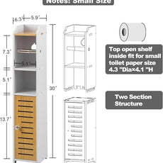 AOJEZOR Toilet Paper Holder Stand: Small Bathroom Storage Cabinet- White&Bamboo