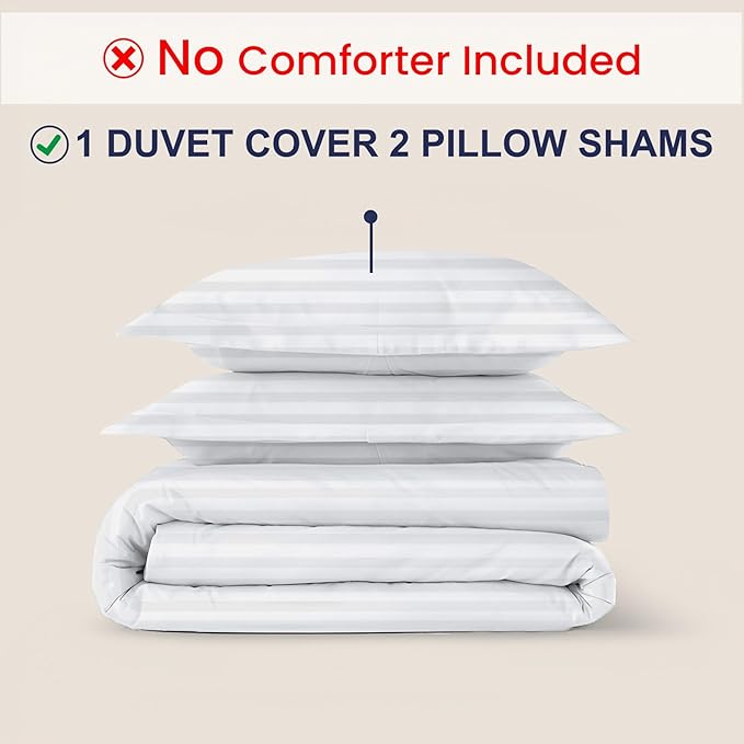 Kotton Culture 3 Pc King Size Duvet Cover Set- 100% Egyptian Cotton Sateen 600 Thread Count Ultra Soft Premium Durable Comforter Cover Zipper Closure & Corner Ties (Striped White, King 102"x94")
