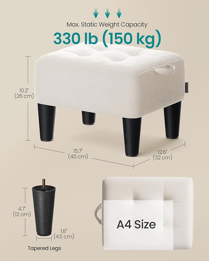 SONGMICS Foot Stool with Legs, Small Footstool Ottoman, Velvet Seat with Thick Cushion, for Living Room, Bedroom, Entryway, 330 lb Weight Capacity, Cream White ULOM501W01